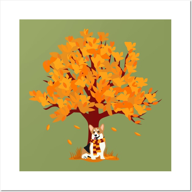 Pembroke Welsh Corgi with Scarf under Colorful Autumn Tree Wall Art by Seasonal Dogs